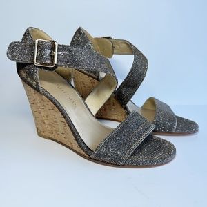 Stuart Weitzman Lineone Pyrite Nocturn Wedge Sandal Dark Silver Glitter Sparkle